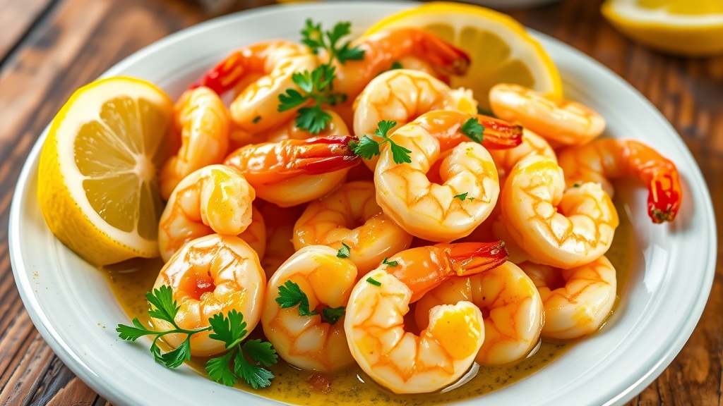 Savory Garlic Butter Shrimp Recipe A plate of garlic butter shrimp garnished with parsley and lemon on a wooden table.